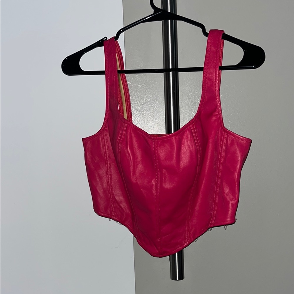 Sincerely Jules Pink Faux Leather Fitted Crop Bustier Tank Top